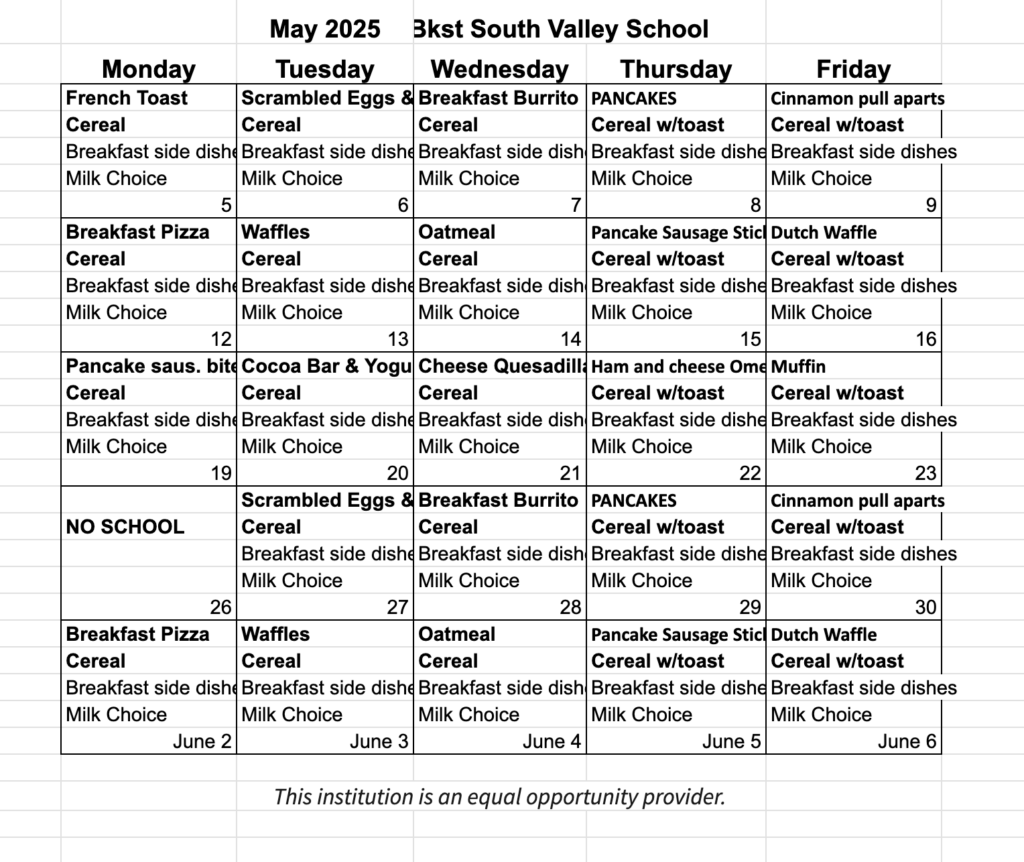 Breakfast Menu May 25